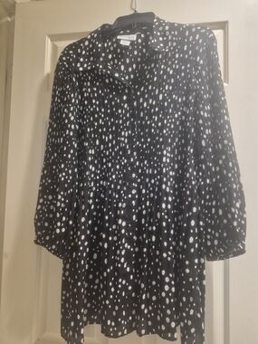 NWOT-Pleated Black and White Polka Dot Button-Front Blouse